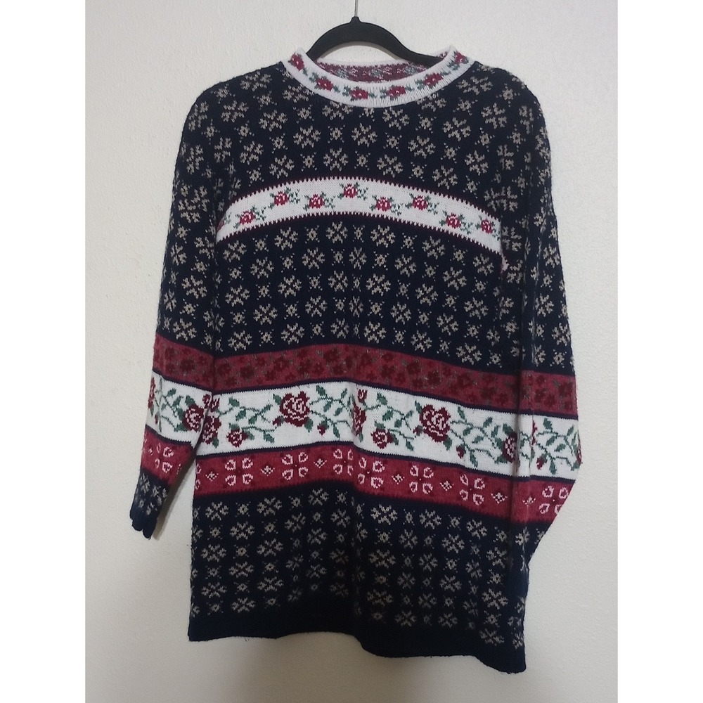 Willow Bay Vintage Floral Fair Isle Knit Sweater Navy Red Rose Made in USA Med